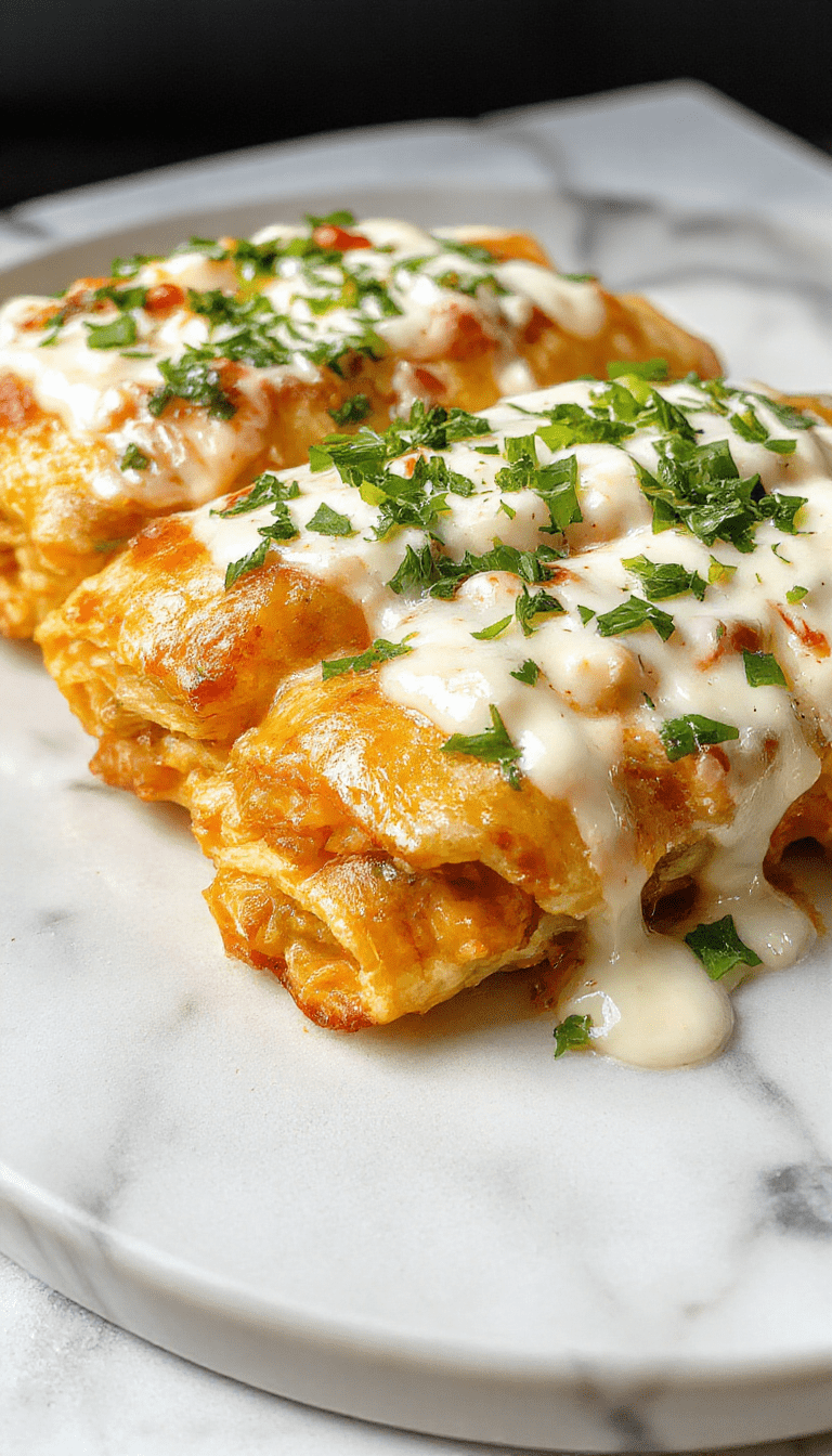 A vibrant plate of chicken enchiladas topped with melted cheese and fresh cilantro, drizzled with a silky white sour cream sauce, served alongside lime wedges and colorful Mexican-style garnishes, with steam rising from the warm dish and a rustic background.