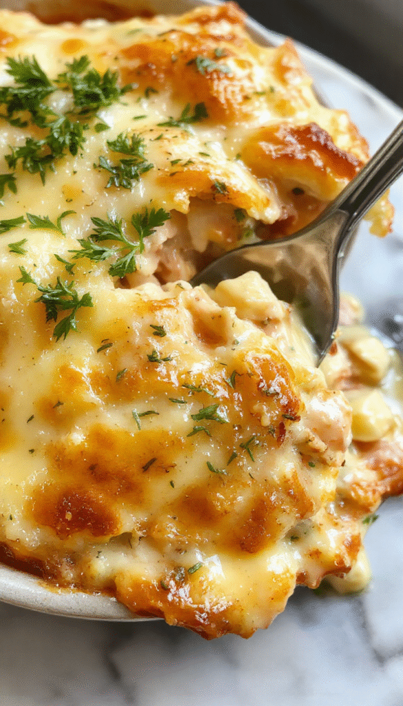 A hearty chicken pot pie casserole displayed on a rustic wooden table, featuring a golden-brown topped crust with flaky edges, filled with tender chicken, peas, carrots, and creamy gravy, garnished with fresh herbs for a vibrant finishing touch.