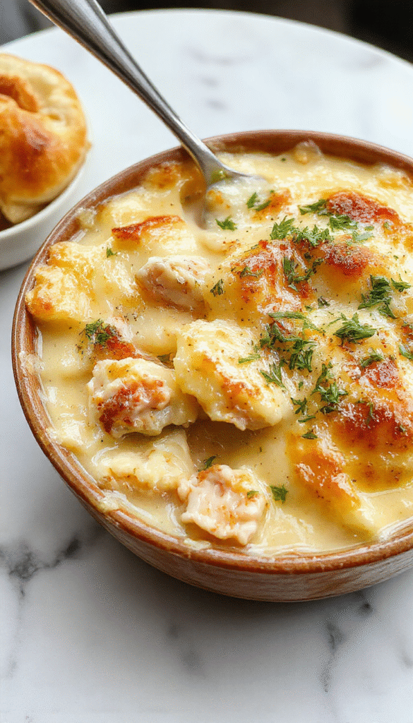 A vibrant plate of creamy chicken pot pie pasta featuring tender chicken chunks, golden crust crumbles sprinkled on top, colorful vegetables, and rich creamy sauce beautifully plated with a rustic wooden background and fresh herbs garnish.