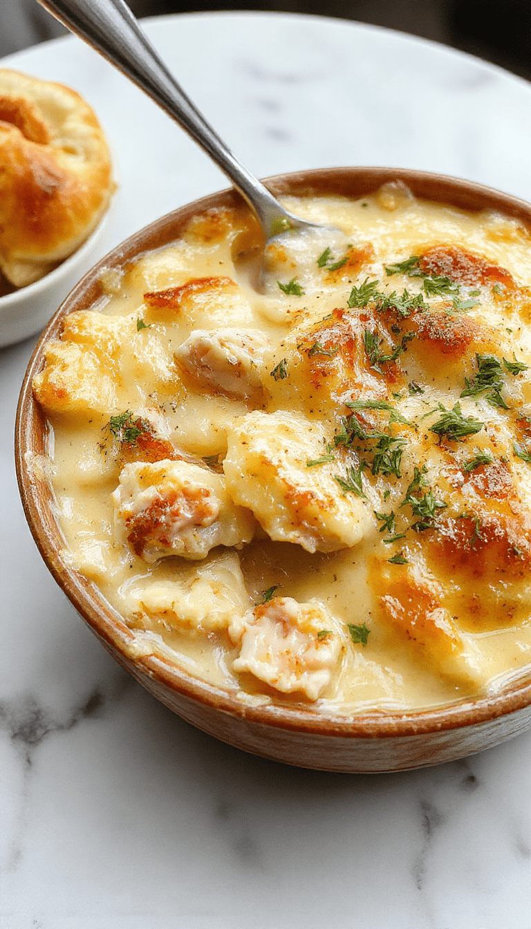 A vibrant plate of creamy chicken pot pie pasta featuring tender chicken chunks, golden crust crumbles sprinkled on top, colorful vegetables, and rich creamy sauce beautifully plated with a rustic wooden background and fresh herbs garnish.