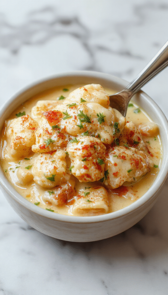 A vibrant bowl of chicken pot pie pasta topped with golden flaky pastry crumbs, creamy sauce drizzle, garnished with fresh herbs, styled on a rustic wooden platter with colorful veggies in the background.