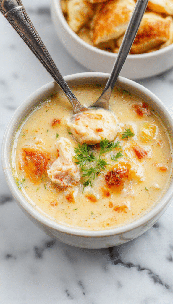A beautifully styled bowl of creamy chicken pot pie soup showing a rich, velvety texture with chunks of tender chicken, diced vegetables, and golden flaky pie crust crumbles on top, garnished with fresh herbs, served in a rustic white bowl on a wooden table with a warm, inviting ambiance.