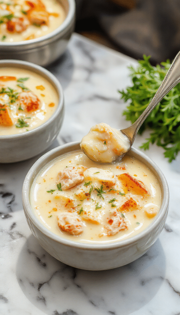 A steaming bowl of creamy chicken pot pie soup with golden flaky crust crumbles on top, garnished with fresh herbs, displayed on a rustic wooden table with a spoon and napkin.