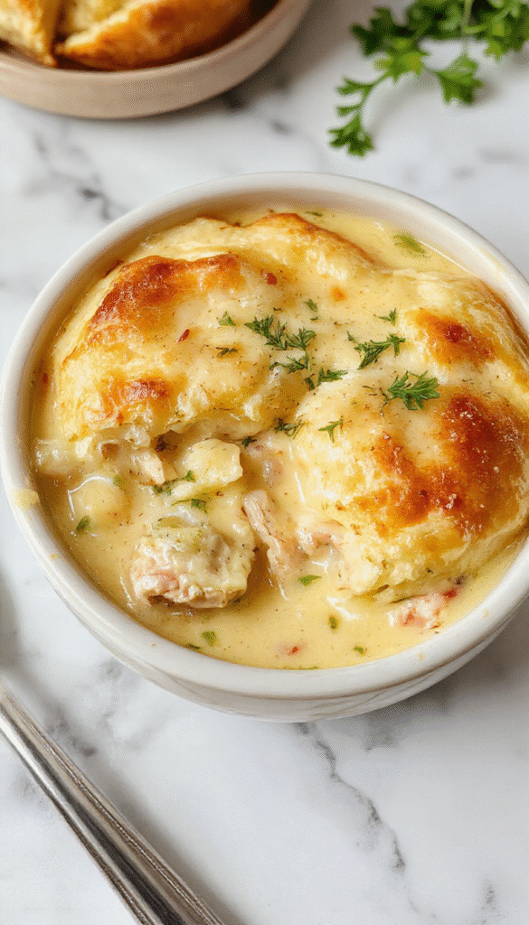 A bowl of rich chicken pot pie soup with a golden flaky pastry crust on top, garnished with chopped parsley, served in a rustic white bowl. Visible chunks of tender chicken, vegetables, and a creamy broth create an inviting and comforting presentation with a warm, cozy atmosphere.