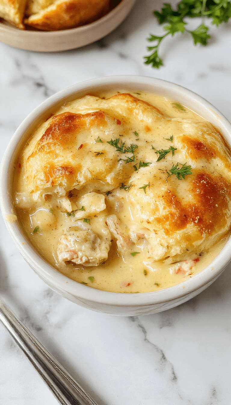 A bowl of rich chicken pot pie soup with a golden flaky pastry crust on top, garnished with chopped parsley, served in a rustic white bowl. Visible chunks of tender chicken, vegetables, and a creamy broth create an inviting and comforting presentation with a warm, cozy atmosphere.