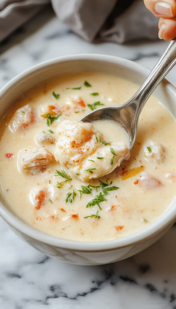 A steaming bowl of creamy chicken soup garnished with fresh herbs, served on a rustic wooden table. The vibrant orange and white colors of the soup contrast with the green herbs, with a spoon resting beside it, inviting warmth and comfort. The bowl is creamy textured with chunks of chicken and vegetables visible, styled with a cozy, homey background.
