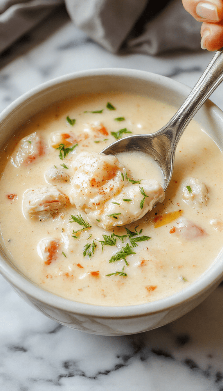 A steaming bowl of creamy chicken soup garnished with fresh herbs, served on a rustic wooden table. The vibrant orange and white colors of the soup contrast with the green herbs, with a spoon resting beside it, inviting warmth and comfort. The bowl is creamy textured with chunks of chicken and vegetables visible, styled with a cozy, homey background.