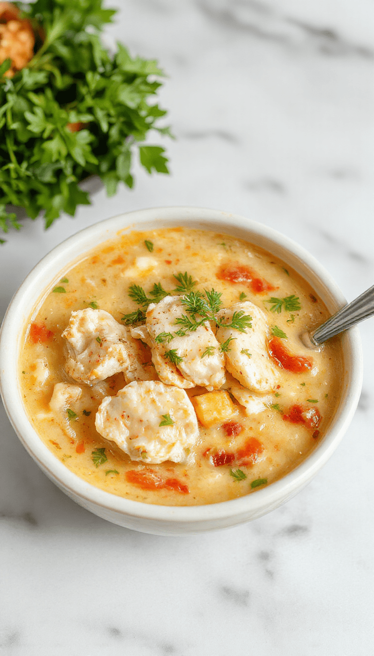 A bowl of creamy chicken and rice soup with tender chicken pieces, fluffy rice, garnished with fresh herbs, served in a rustic white bowl on a wooden table.