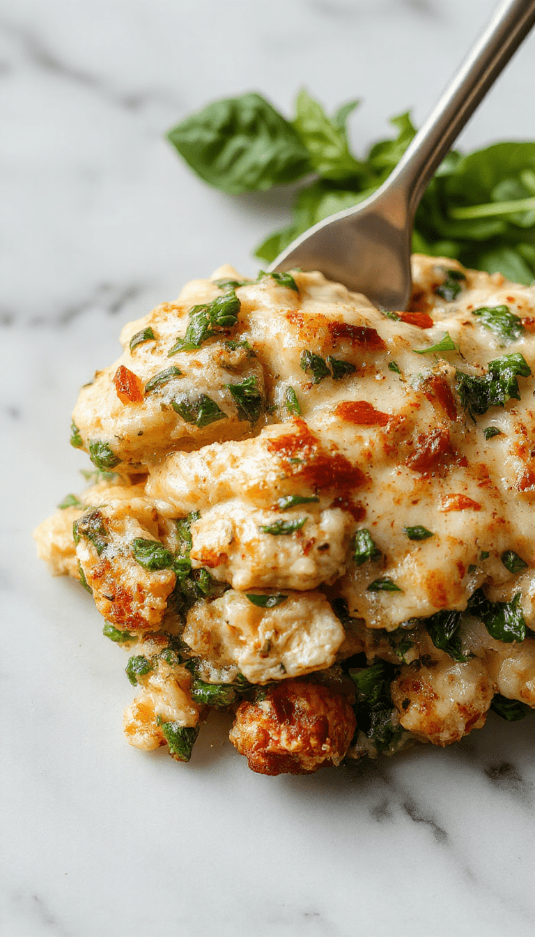 A vibrant, creamy chicken and spinach casserole served in a rustic white dish, garnished with fresh herbs. The golden-brown top is bubbling with melted cream cheese, hints of green spinach peeking through, with a side of crusty bread on a wooden table, beautifully styled for a cozy dinner setting.