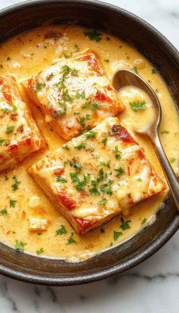 Colorful dish featuring perfectly seared salmon fillets topped with a rich, creamy coconut curry sauce, garnished with fresh herbs and served on a sleek white plate, surrounded by garlic cloves and a sprig of cilantro, with a vibrant backdrop highlighting the luscious textures and vibrant colors.