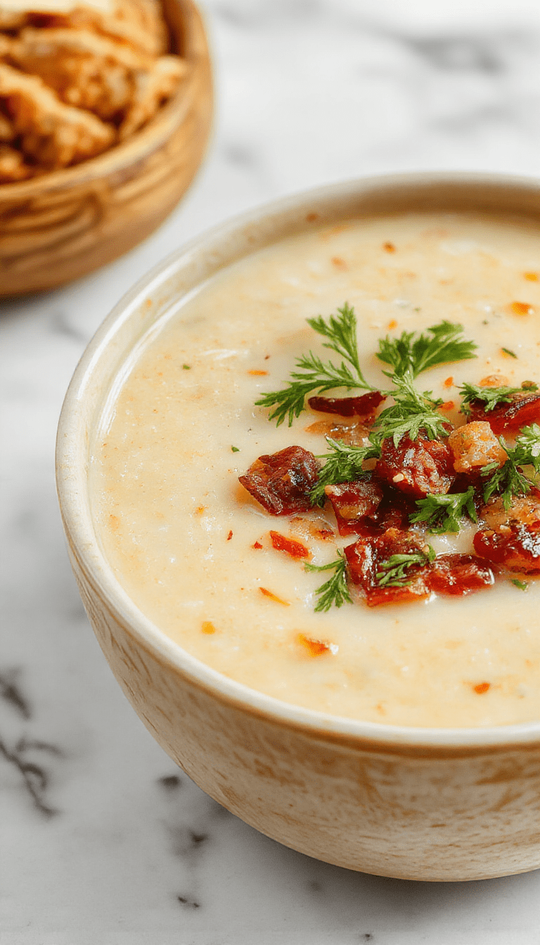 A vibrant bowl of creamy cowboy soup garnished with fresh herbs, surrounded by rustic bread and colorful vegetables against a wooden table, showcasing a rich, thick texture and hearty ingredients.