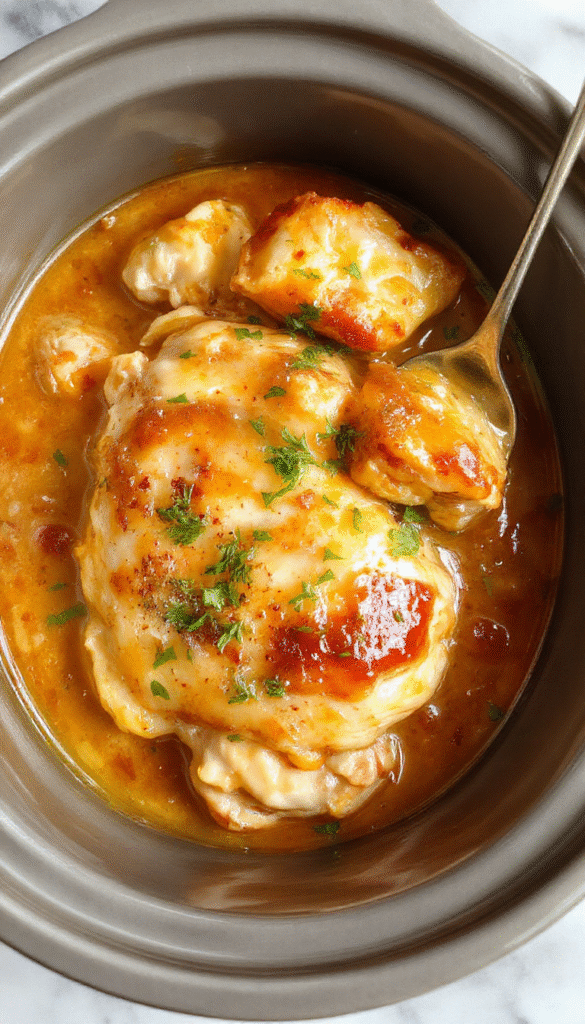 A close-up of a creamy, golden-brown Marry Me Chicken served in a rustic white bowl, garnished with chopped herbs. The tender chicken breasts are topped with a luscious sauce, with flecks of black pepper and herbs visible. The background features a wooden table with fresh herbs and a spoon, styled in a cozy, inviting setting.