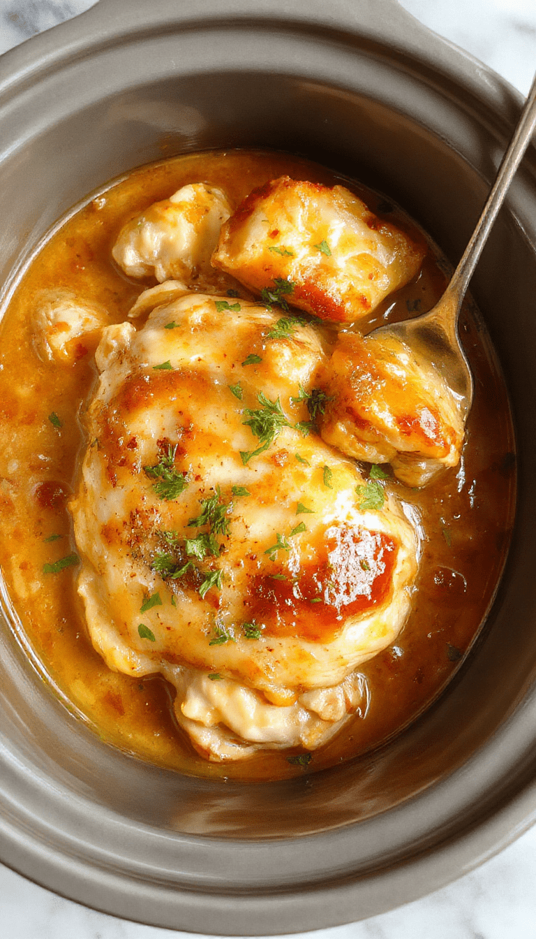 A close-up of a creamy, golden-brown Marry Me Chicken served in a rustic white bowl, garnished with chopped herbs. The tender chicken breasts are topped with a luscious sauce, with flecks of black pepper and herbs visible. The background features a wooden table with fresh herbs and a spoon, styled in a cozy, inviting setting.