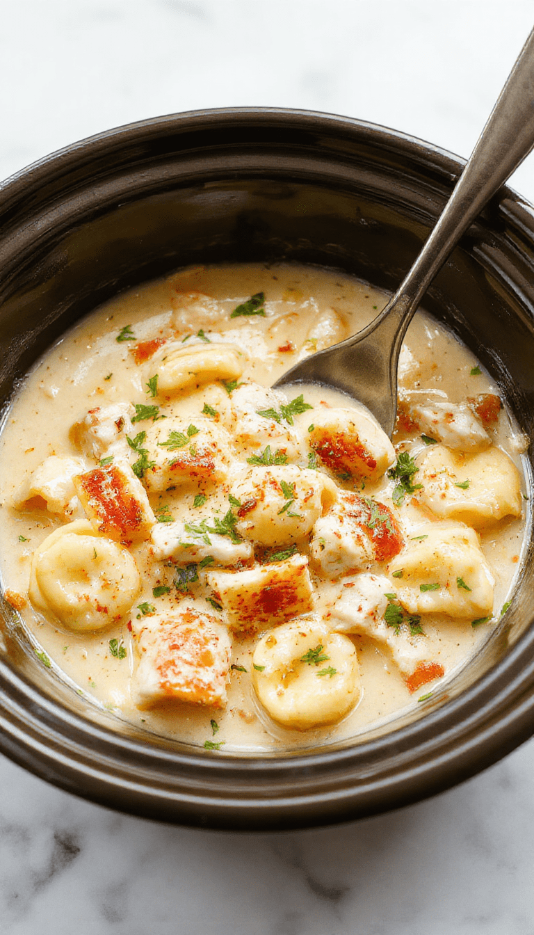 A colorful dish featuring tender shredded chicken, al dente tortellini pasta in a rich creamy sauce, garnished with fresh herbs on a rustic wooden plate.