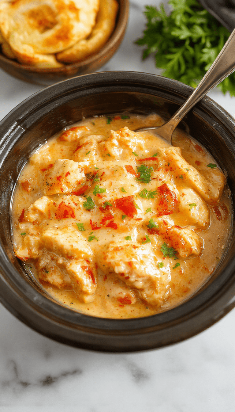 A close-up of a creamy butter chicken dish served in a rustic white bowl, garnished with fresh cilantro. The rich, orange sauce glistens with butter and spices, with tender chunks of chicken visible. The background features a wooden table with a sprig of cilantro and a side of naan bread, enhancing the warm, inviting presentation.