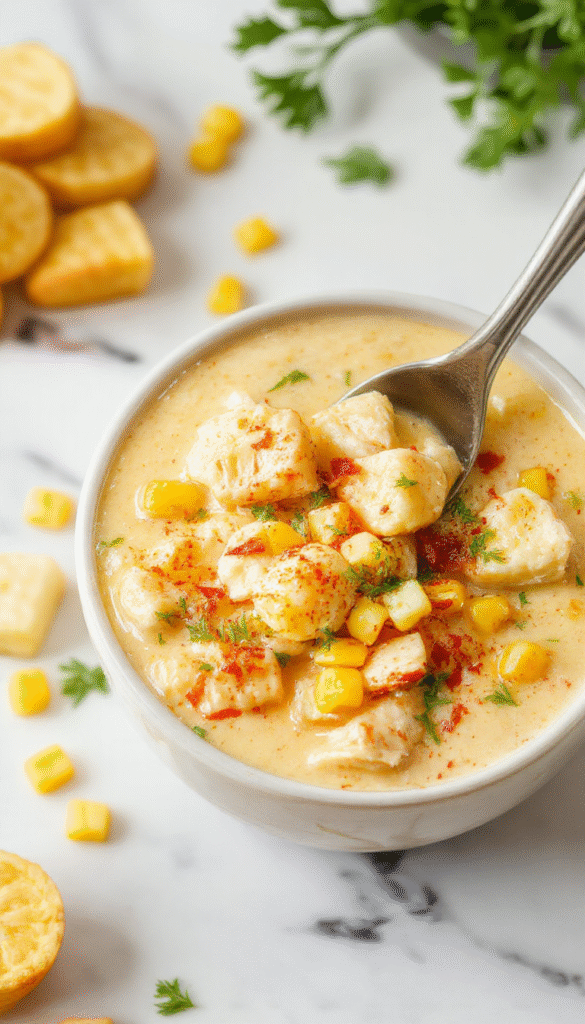 A vibrant bowl of creamy chicken corn chowder garnished with fresh herbs, served on a rustic wooden table. The chowder features a rich yellow hue with tender pieces of chicken, sweet corn kernels, and diced vegetables. The bowl is surrounded by fresh ingredients such as corn on the cob, chicken breasts, and herbs, styled with a spoon and a cozy cloth napkin for inviting presentation.