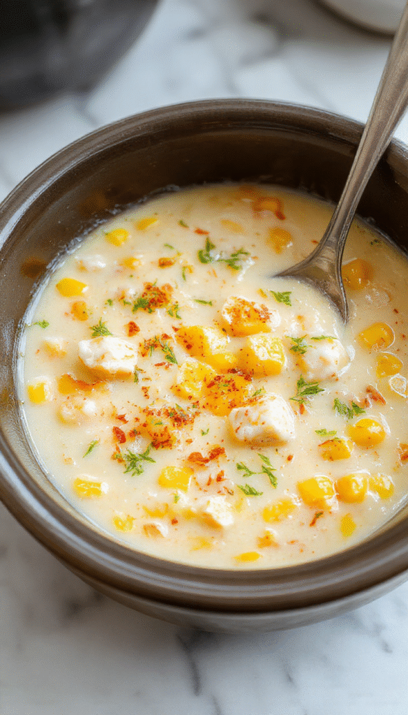 A steaming bowl of creamy chicken corn chowder garnished with chopped green herbs on a rustic wooden table, showcasing golden corn kernels, tender shredded chicken, and a thick, velvety broth with a hint of paprika and fresh parsley.