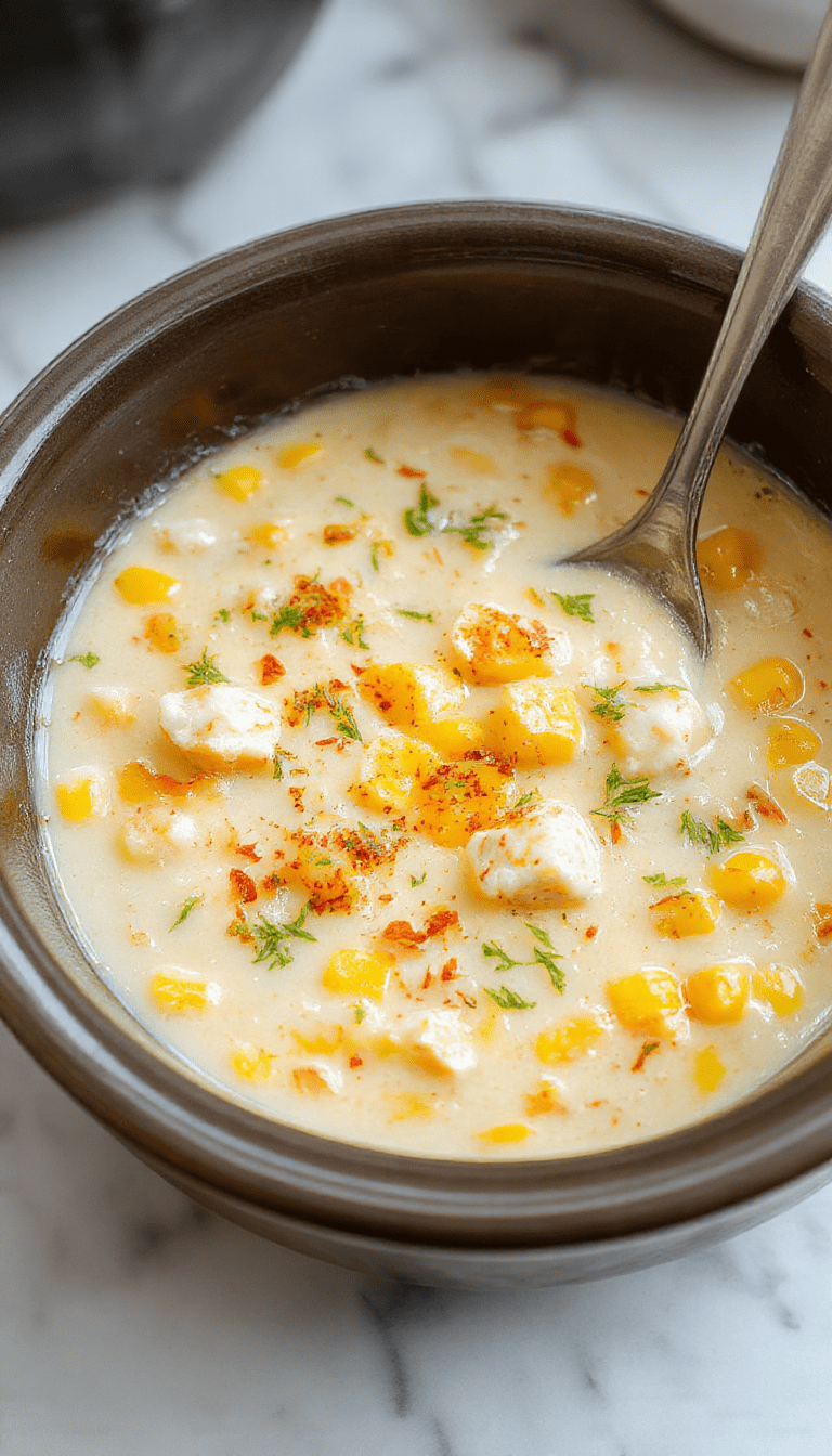 A steaming bowl of creamy chicken corn chowder garnished with chopped green herbs on a rustic wooden table, showcasing golden corn kernels, tender shredded chicken, and a thick, velvety broth with a hint of paprika and fresh parsley.
