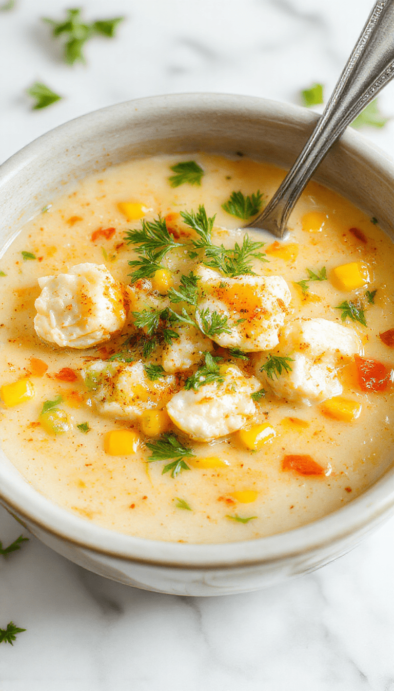 A cozy bowl of chicken corn chowder garnished with chopped parsley, served on a rustic wooden table. The chowder has a creamy, golden yellow base filled with tender chicken pieces, sweet corn kernels, and diced potatoes. Surrounding the bowl are fresh herbs, a ladle, and a slice of crusty bread, highlighting a comforting autumnal meal with inviting textures and vibrant colors.
