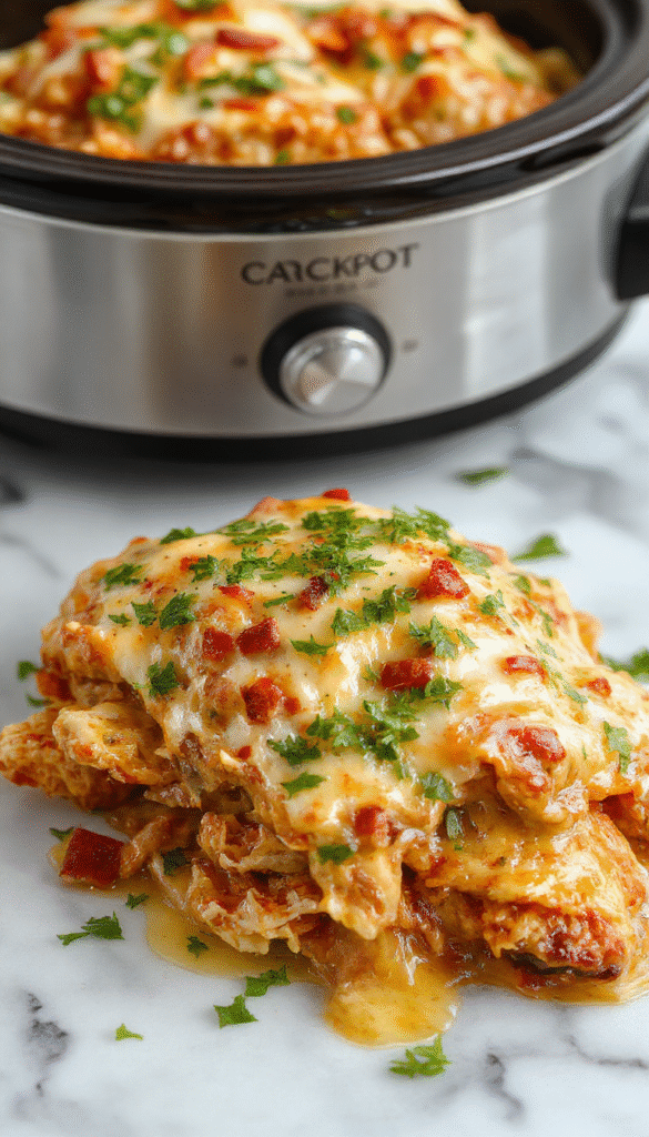 A colorful casserole dish filled with tender shredded chicken, melted cheese, and vibrant red and green enchilada sauce, topped with fresh cilantro and sliced jalapenos, served on a rustic wooden table with side bowls of sour cream and salsa.
