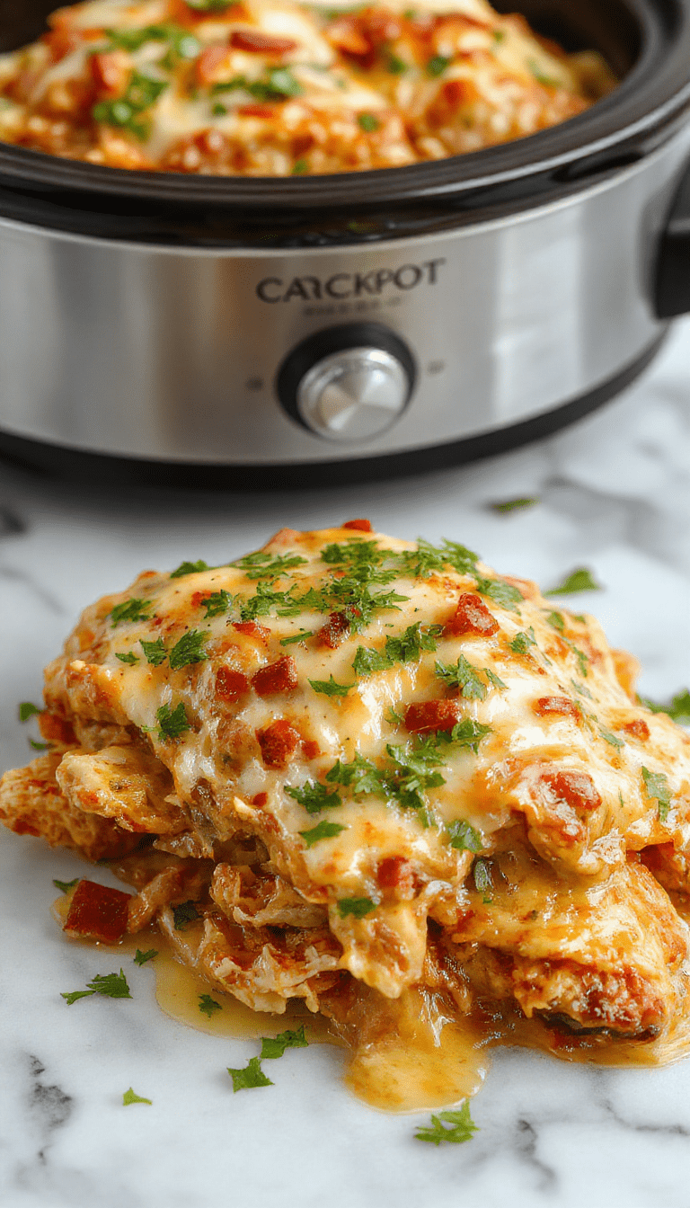 A colorful casserole dish filled with tender shredded chicken, melted cheese, and vibrant red and green enchilada sauce, topped with fresh cilantro and sliced jalapenos, served on a rustic wooden table with side bowls of sour cream and salsa.