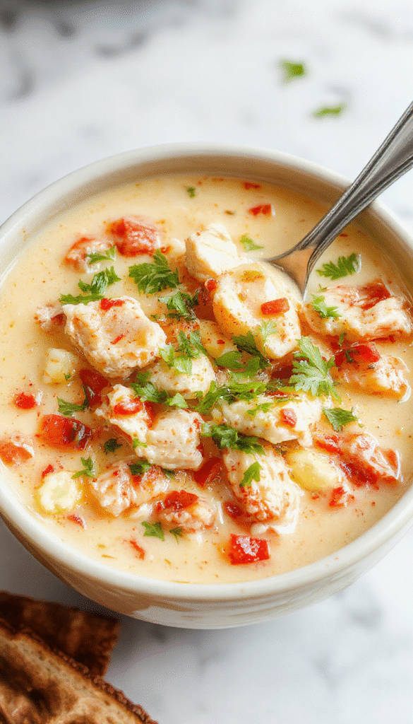 A vibrant bowl of white chicken chili topped with gooey melted cream cheese, garnished with chopped cilantro and sliced jalapenos, served with a side of warm tortilla chips. The creamy, chunky chili features tender shredded chicken, white beans, and a flavorful broth, all presented on a rustic wooden table illuminated by warm, inviting fall lighting, styled with fresh herbs and a spoon resting nearby.