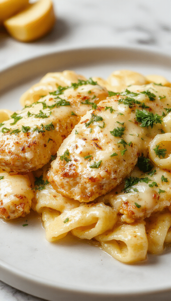 Colorful plated dish of golden-brown chicken bites coated in rich garlic butter sauce, garnished with fresh herbs, served alongside creamy pasta with a smooth texture, vibrant green herbs and a sprinkle of grated cheese, styled on a rustic plate for an appetizing presentation.