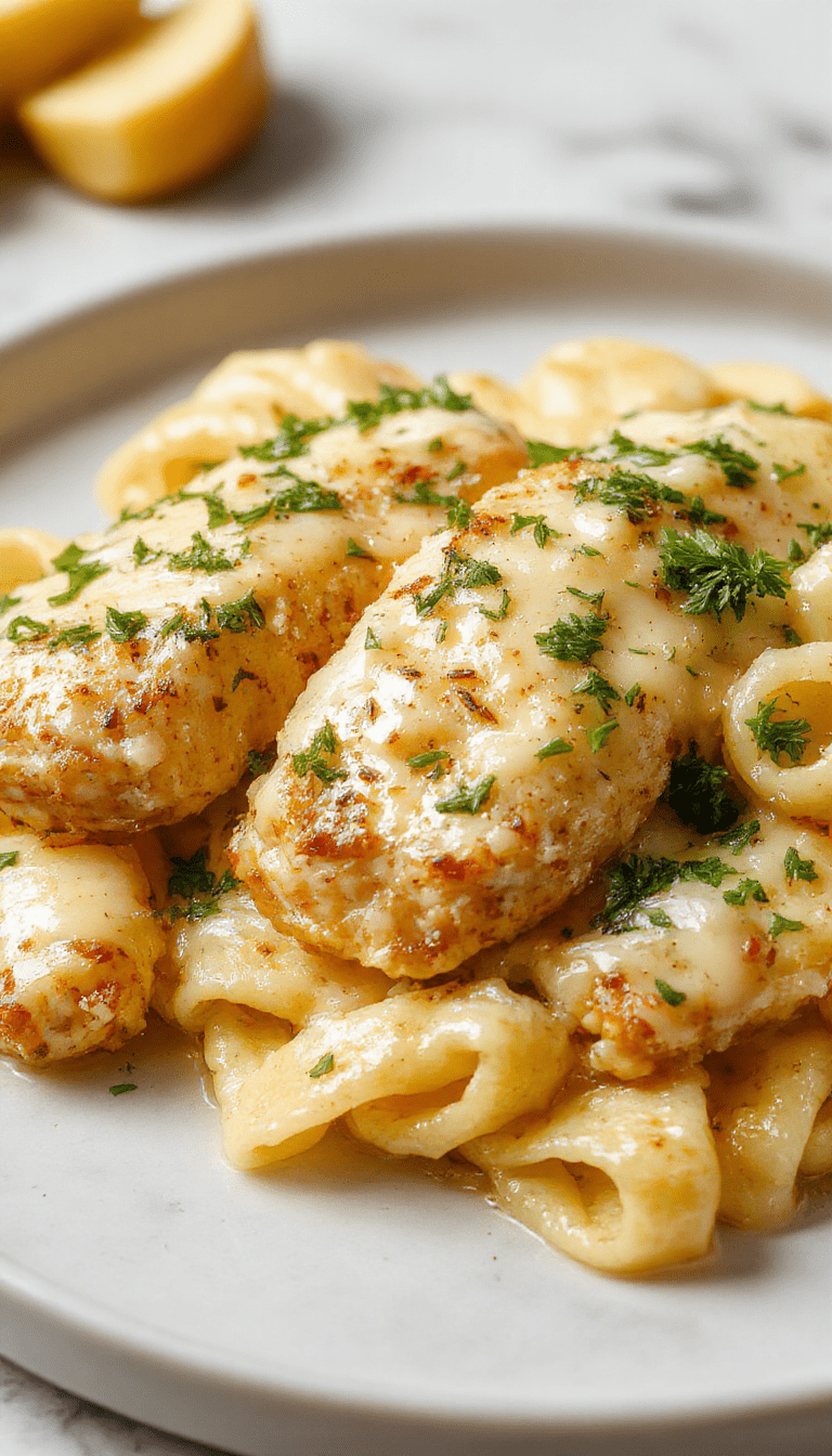 Colorful plated dish of golden-brown chicken bites coated in rich garlic butter sauce, garnished with fresh herbs, served alongside creamy pasta with a smooth texture, vibrant green herbs and a sprinkle of grated cheese, styled on a rustic plate for an appetizing presentation.