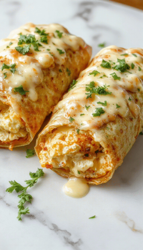 A vibrant plate featuring golden-brown chicken wraps filled with melted cheese, garnished with fresh parsley, served on a rustic wooden board with a side of creamy dipping sauce, showcasing crispy textures and gooey cheese under soft lighting.