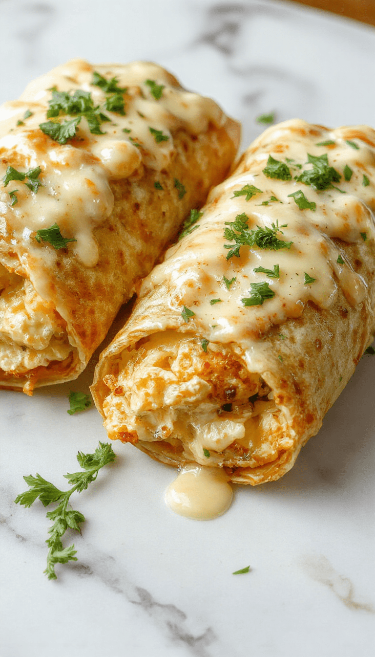 A vibrant plate featuring golden-brown chicken wraps filled with melted cheese, garnished with fresh parsley, served on a rustic wooden board with a side of creamy dipping sauce, showcasing crispy textures and gooey cheese under soft lighting.