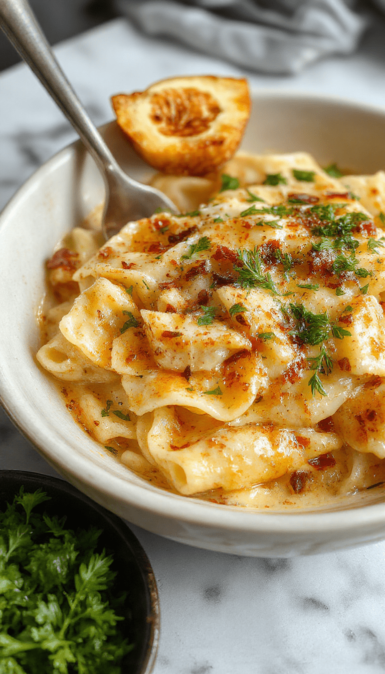 A vibrant plate of creamy garlic pasta with a glossy sauce, topped with chopped parsley and freshly grated Parmesan cheese, served in a white bowl on a rustic wooden table, with garlic cloves and herbs accenting the scene.