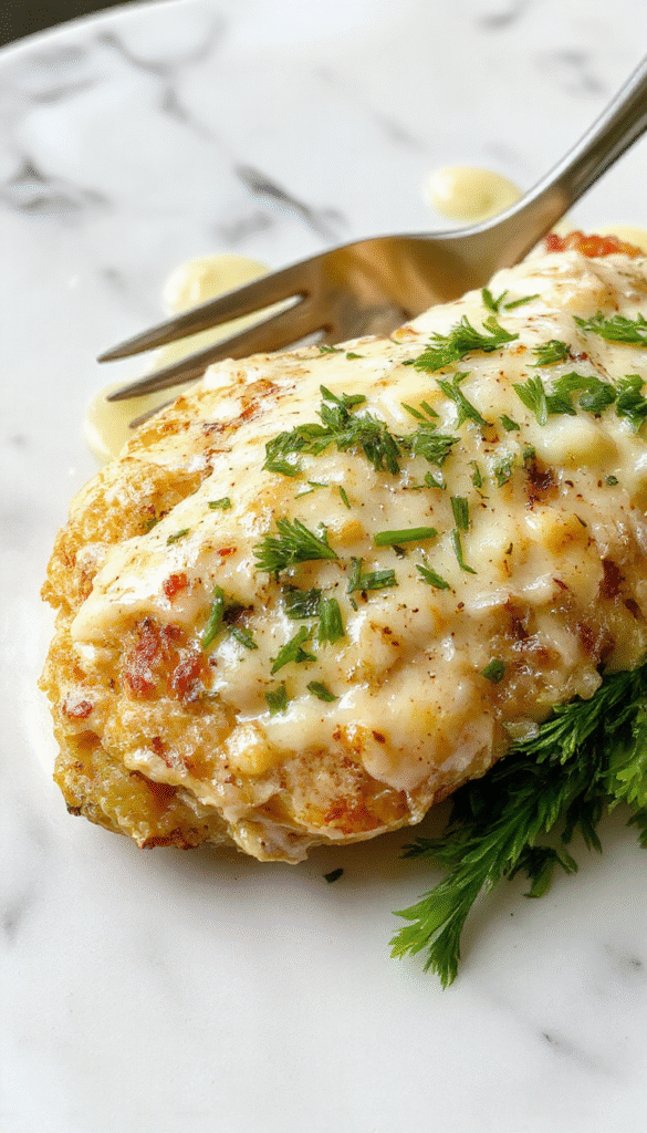 A close-up of a plate featuring tender pieces of chicken coated in a rich, creamy garlic parmesan sauce, garnished with fresh parsley, served alongside roasted vegetables with a golden-brown crust and a glossy, velvety sauce inviting a comforting meal.