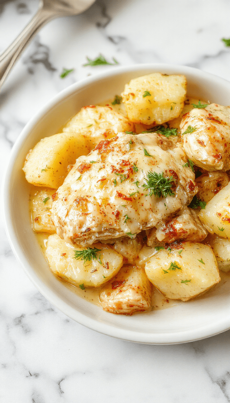 A hearty serving of garlic parmesan chicken and potatoes in a creamy sauce on a rustic white plate, garnished with fresh parsley, surrounded by golden roasted potatoes and tender chicken, with a vibrant green garnish and a rustic cloth underneath.