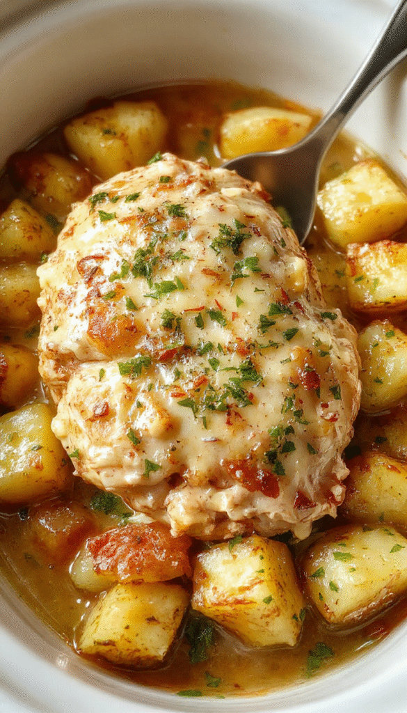 A close-up of a rustic crockpot dish featuring tender shredded chicken atop golden roasted potatoes, garnished with freshly chopped parsley and grated Parmesan, with garlic cloves and herbs visible around the dish, showcasing warm, inviting colors and hearty textures.