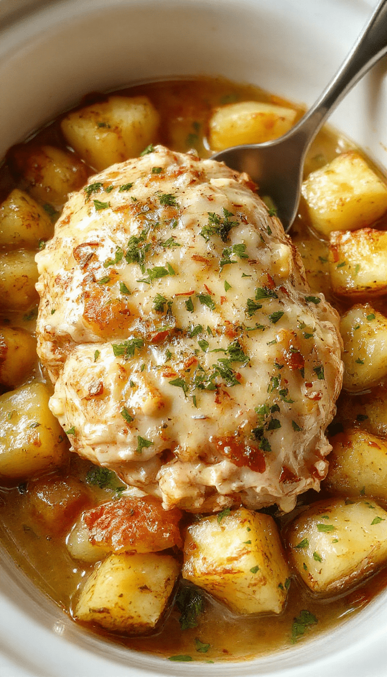 A close-up of a rustic crockpot dish featuring tender shredded chicken atop golden roasted potatoes, garnished with freshly chopped parsley and grated Parmesan, with garlic cloves and herbs visible around the dish, showcasing warm, inviting colors and hearty textures.