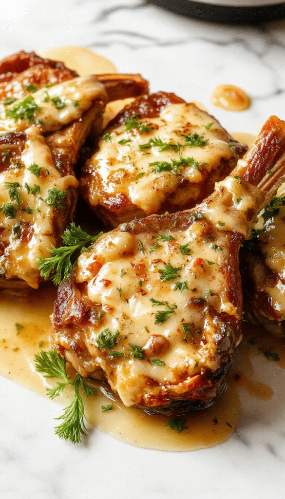 Golden-brown pork chops topped with creamy garlic parmesan sauce, served on a rustic plate garnished with fresh parsley, with a side of mashed potatoes and steamed vegetables, all styled with a drizzle of sauce and a sprinkle of cheese for an inviting presentation.