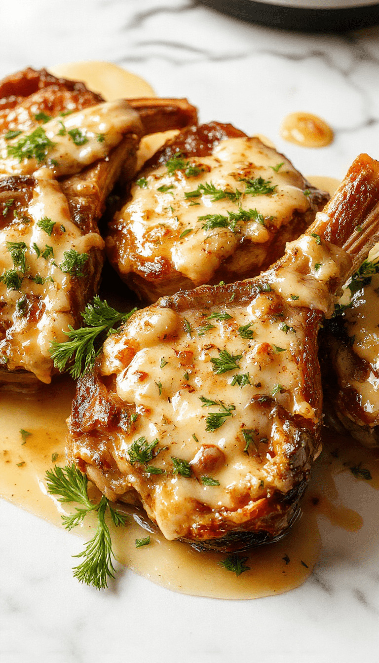 Golden-brown pork chops topped with creamy garlic parmesan sauce, served on a rustic plate garnished with fresh parsley, with a side of mashed potatoes and steamed vegetables, all styled with a drizzle of sauce and a sprinkle of cheese for an inviting presentation.