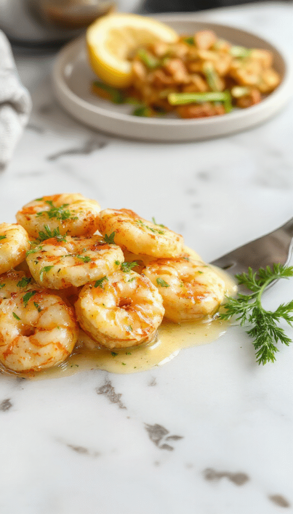 A vibrant plate of creamy garlic shrimp featuring plump, tender shrimp coated in a rich, buttery garlic sauce, garnished with fresh parsley, on a rustic wooden table with lemon wedges and toasted bread in the background