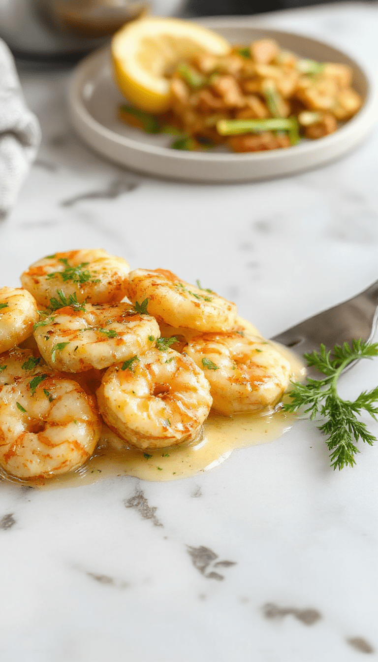 A vibrant plate of creamy garlic shrimp featuring plump, tender shrimp coated in a rich, buttery garlic sauce, garnished with fresh parsley, on a rustic wooden table with lemon wedges and toasted bread in the background