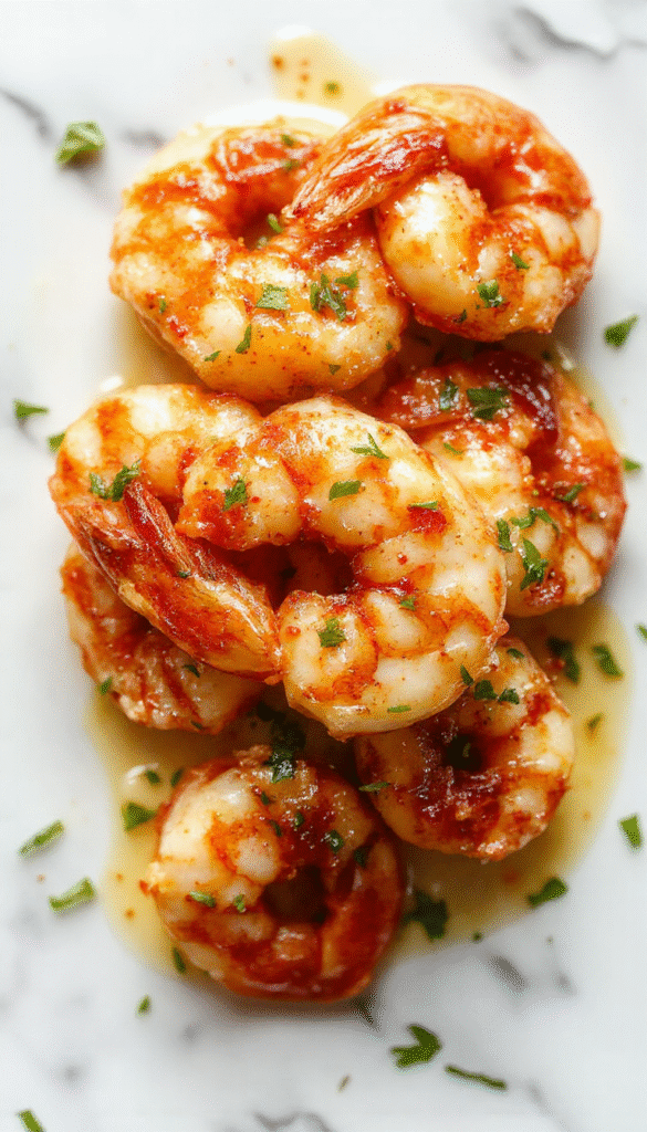 A close-up shot of creamy garlic shrimp served on a white plate, garnished with chopped parsley. The shrimp are golden with a glossy, buttery garlic sauce, surrounded by fresh lemon wedges and sprinkled with herbs. The vibrant colors contrast with the rustic wooden background, emphasizing the rich textures and appetizing presentation.