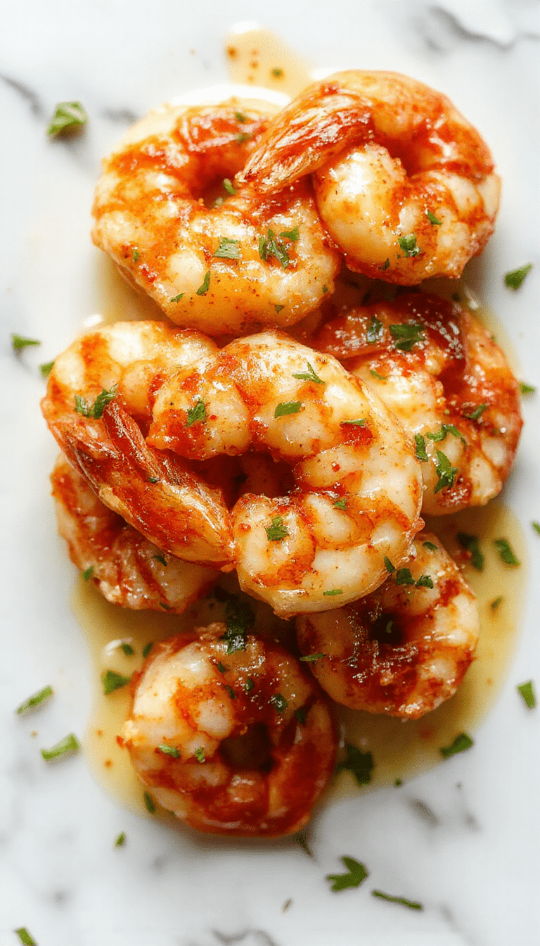 A close-up shot of creamy garlic shrimp served on a white plate, garnished with chopped parsley. The shrimp are golden with a glossy, buttery garlic sauce, surrounded by fresh lemon wedges and sprinkled with herbs. The vibrant colors contrast with the rustic wooden background, emphasizing the rich textures and appetizing presentation.