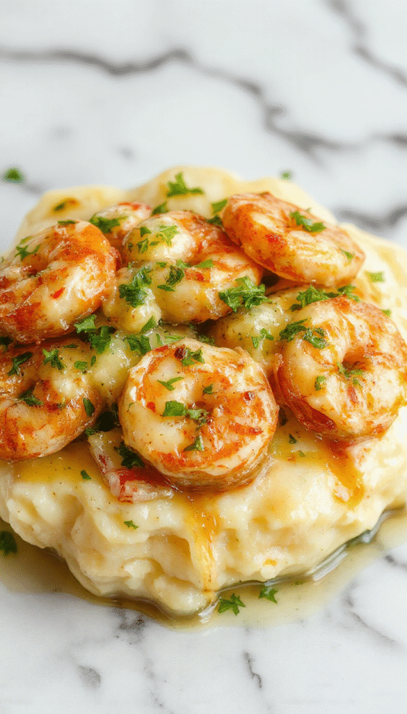 Colorful dish featuring succulent garlic shrimp coated in a creamy sauce, served over smooth, buttery mashed potatoes. The shrimp are garnished with chopped parsley and lemon slices, presented on a rustic white plate with a textured background, showcasing a perfect combination of textures and vibrant colors.