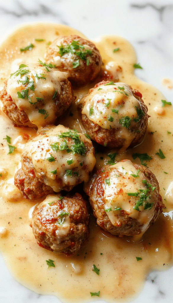 Close-up of golden-brown Italian meatballs topped with melted cheese and fresh basil, served in a rich savory tomato sauce on a rustic plate with herbs scattered around, vibrant red and green colors creating an appetizing presentation with a glossy appearance