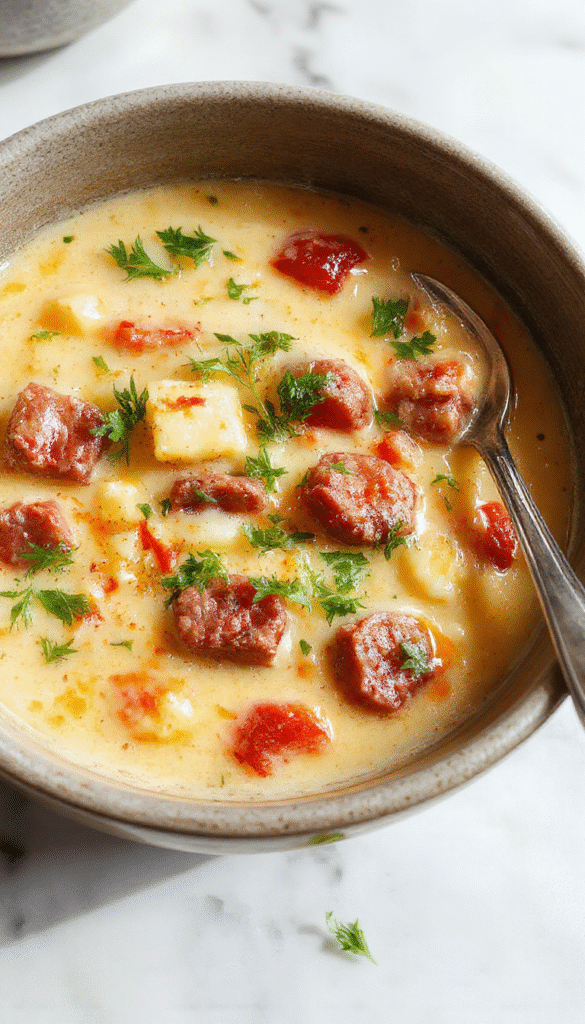 A cozy bowl of creamy Italian sausage gnocchi soup garnished with fresh herbs, showcasing tender gnocchi, slices of sausage, and vibrant green spinach, served in a rustic white bowl on a wooden table with a spoon resting beside.