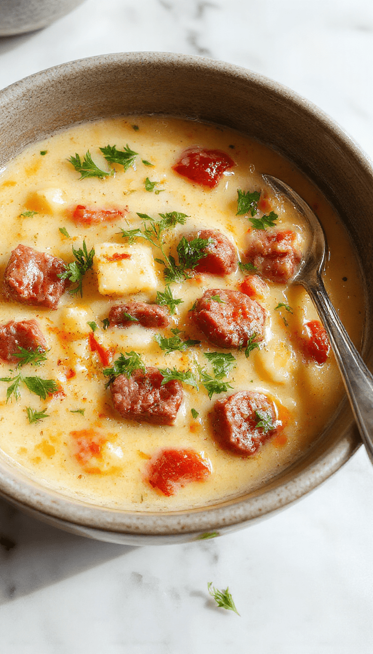 A cozy bowl of creamy Italian sausage gnocchi soup garnished with fresh herbs, showcasing tender gnocchi, slices of sausage, and vibrant green spinach, served in a rustic white bowl on a wooden table with a spoon resting beside.