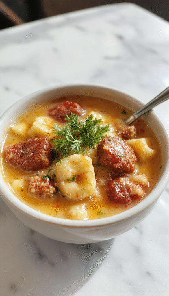 A steaming bowl of creamy Italian sausage gnocchi soup with golden-brown sausage slices, tender gnocchi, vibrant green spinach, and a rich, velvety broth, beautifully garnished with freshly chopped parsley, served on a rustic wooden table for a cozy, inviting presentation.