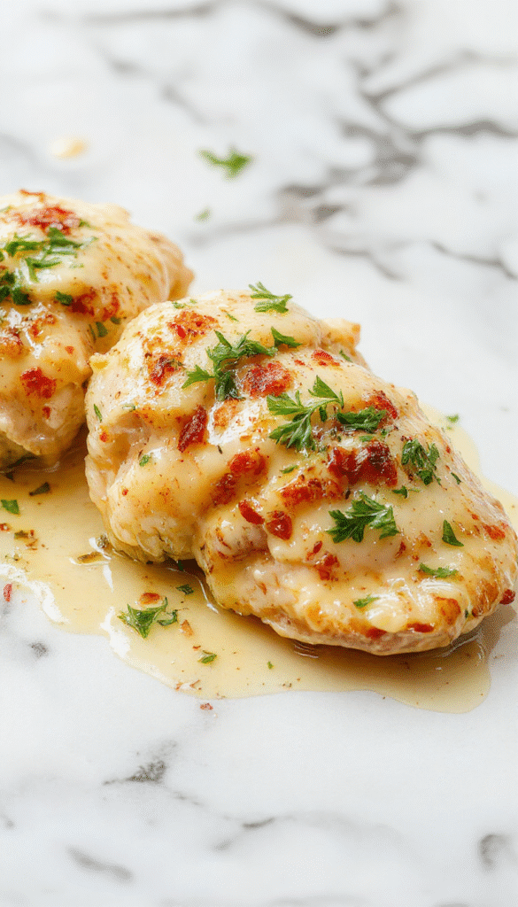 A vibrant plate featuring tender lemon chicken Romano garnished with fresh herbs on a rustic wooden table. The chicken has a golden crust and is topped with lemon slices and romano cheese, served alongside colorful steamed vegetables. The background includes a sprig of parsley and a lemon wedge, highlighting the bright citrus and savory textures.
