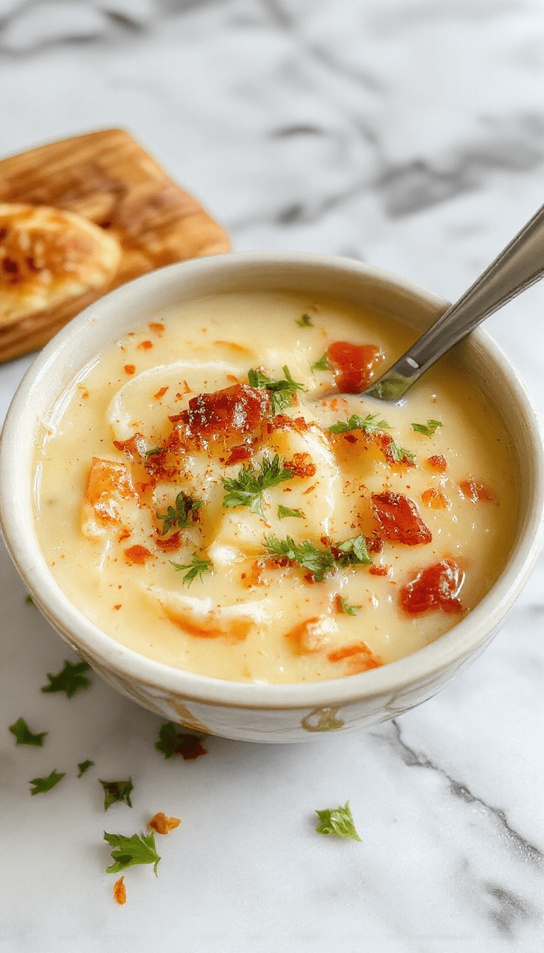 A rustic white bowl filled with rich, creamy loaded baked potato soup garnished with shredded cheese, chopped green onions, crispy bacon bits, and a dollop of sour cream. The soup has a velvety texture with chunks of potatoes visible, nestled on a wooden table with a spoon and fresh herbs nearby.