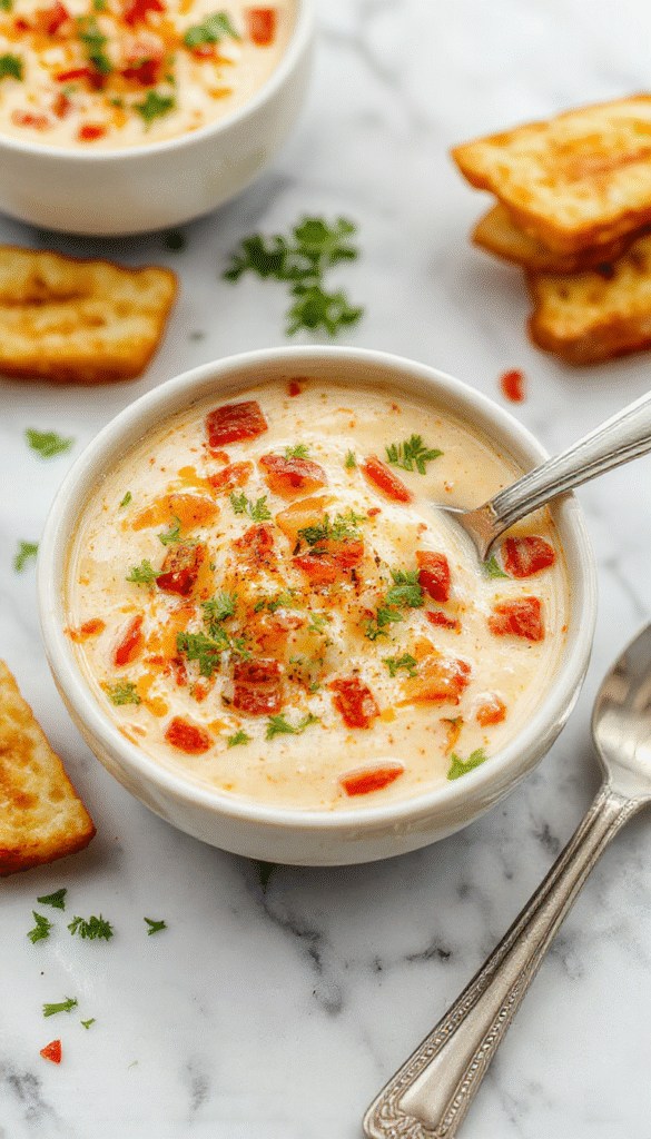 A steaming bowl of rich, creamy loaded Outback potato soup garnished with shredded cheese, crispy bacon bits, chives, and dollops of sour cream, served on a rustic wooden table