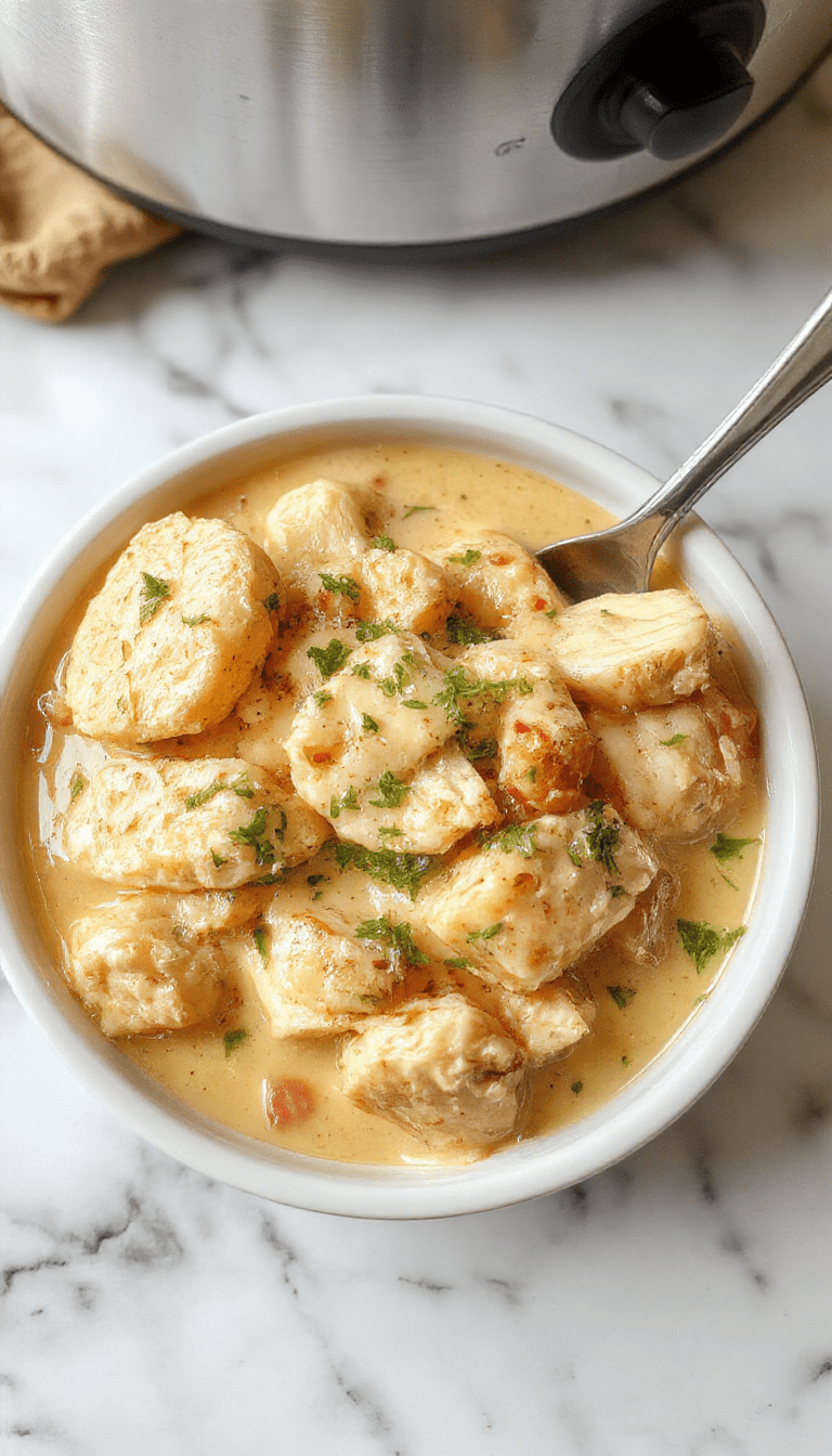 A luscious bowl of creamy Marry Me Chicken placed on a rustic wooden table, featuring tender chicken breasts smothered in a rich, velvety white sauce garnished with fresh herbs. The dish's smooth texture contrasts with the vibrant green garnish, and the background shows a cozy, inviting kitchen setup.